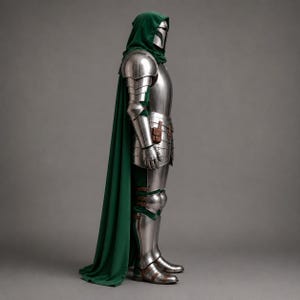 Medeltida rustning i Mandaloriansk stil med grön kappa, fantasy riddare cosplay lajvkostym bild 3