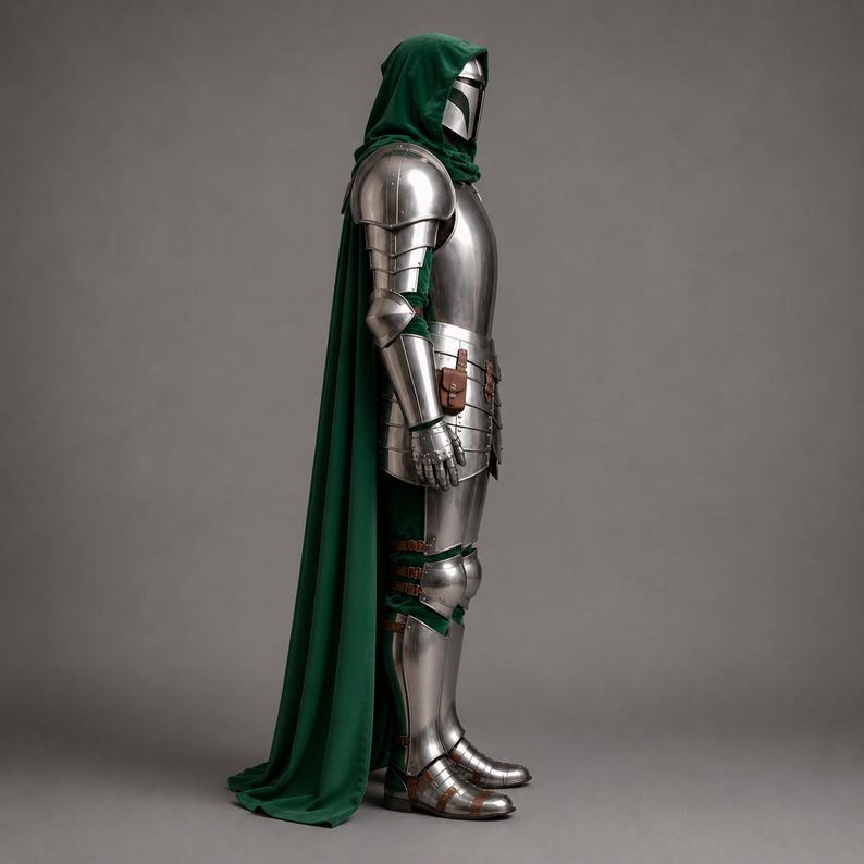 Medeltida rustning i Mandaloriansk stil med grön kappa, fantasy riddare cosplay lajvkostym bild 3