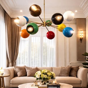 Lámpara de techo tipo araña Sputnik multicolor de estilo moderno de mediados de siglo, luminaria de techo retro con diseño de explosión estelar.