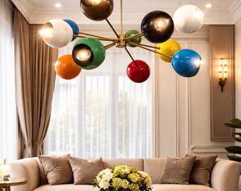 Mid Century Modern Multi Color Sputnik Chandelier, Retro Starburst Ceiling Light Fixture