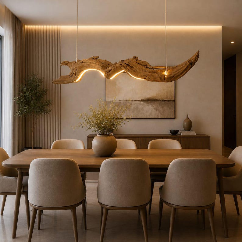May include: A modern dining room featuring a long wooden table with eight beige chairs. Above the table hangs a unique, illuminated driftwood chandelier. The room has neutral tones, with a painting and a wooden cabinet in the background.