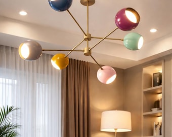 Multi Color 6 Arm Brass Sputnik Chandelier | Mid Century Modern Pendant Light