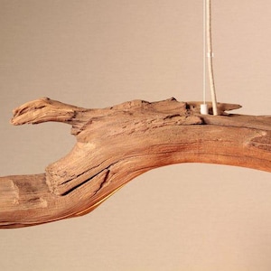 May include: A natural wood pendant light fixture. The fixture is made from a piece of driftwood, with a light-colored cord and a small, white fixture. The wood has a rough, textured surface and a warm, brown color.
