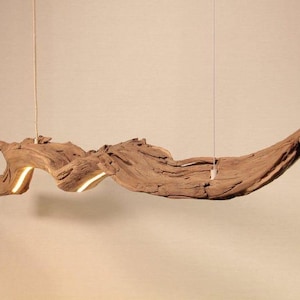 May include: A unique, handcrafted wooden pendant light fixture. The light is made from a natural piece of driftwood, with a warm, inviting glow emanating from within. The fixture hangs from a thin, nearly invisible cord.