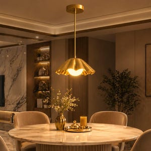 Mid Century Brass Opal Pendant Light – Scalloped Globe Hanging Lamp, Vintage Fixture