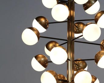 Lámpara de araña de globo de latón de mediados de siglo, lámpara de techo Sputnik moderna, lámpara colgante de cristal