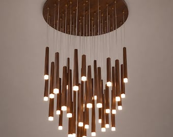 Custom Walnut Chandelier, 32-Light Modern Statement Pendant, Large Contemporary Hanging Light