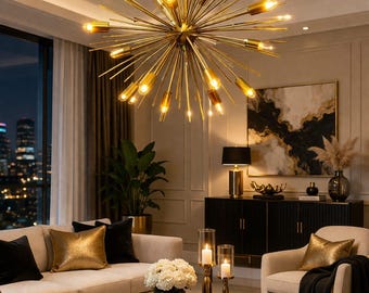Mid Century Brushed Brass Sputnik Chandelier | Starburst Pendant Light Fixture | Modern Chandelier |