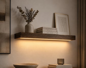 Wooden Floating Shelf with LED Light | Modern Rustic Minimalist Home Decor