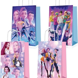 May include: Four gift bags with white handles. The bags feature colorful illustrations of animated characters. Two bags have blue sides and two have pink sides. The illustrations depict a group of people with various hairstyles and outfits.