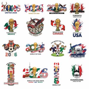 Puede incluir: Una colección de logotipos coloridos de la Copa Mundial 2026. Cada logotipo presenta el trofeo de la Copa Mundial, banderas y el año 2026. Algunos logotipos incluyen animales y el texto "World Cup 2026".