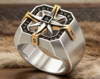 Anillo con estrella y brújula nórdica de estilo vintage