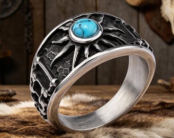 Viking Sun Turquoise Ring Stainless Steel Biker Ring Norse Gothic Jewelry