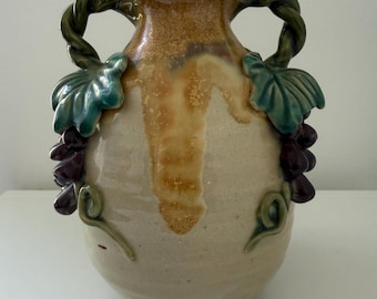 Vintage Majolica Grape Vase 3D Drip Glaze Double Twisted Handle Pottery 6.5"