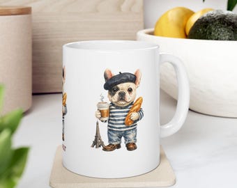 French Bulldog Parisian Coffee Mug | Beret Dog Baguette Eiffel Tower Cup