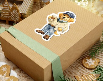 Preppy Golden Retriever Sticker kiss-cut | Dog with Coffee, NYC Hat