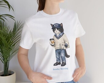 Maglietta con gatto e caffè di New York / Winston il gatto con maglione e berretto / Domenica mattina