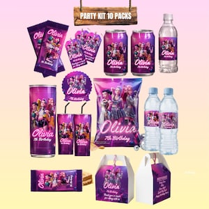 May include: A party kit featuring purple and pink themed items, such as candy bars, tags, cans, water bottles, a chip bag, and gift boxes. The items are personalized with the name "Olivia" and "7th Birthday". A wooden sign above reads "PARTY KIT 10 PACKS".