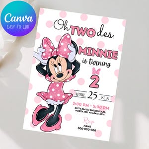 Può includere: Un biglietto d'invito per compleanno con un topo dei cartoni animati in un vestito a pois rosa con fiocco. Il testo recita: Oh TWO des MINNIE is turning 2, APRIL 25 SUN, 3:00 PM - 5:00 PM, SUITE 864 113 EMILIO PLAZA, NORTH JED, KS 68416-3036, RSVP NAME 000-000-000.