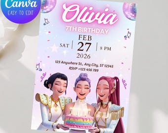 Invito di compleanno Kpop, Invito Kpop, Festa di compleanno Huntrix, Modello Canva modificabile, Festa per bambini a tema Cacciatori di Demoni, Download digitale stampabile