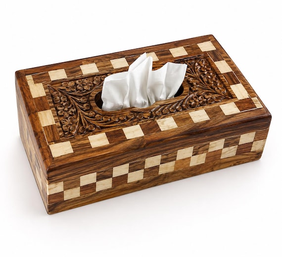 Hand-Carved Sheesham Wood Tissue Box Cover, Rustic Floral Decor Organizer