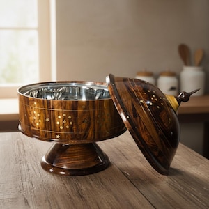 Handgjord gryta i sheshamträ, kupol i mässingsinlägg, skål i rostfritt stål, chapatiglas