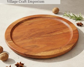 Round Wooden Pizza Serving Board – Premium Pizza Pan Without Handle – Rustic Wood Pizza Tray – Charcuterie & Kitchen Serving Platter