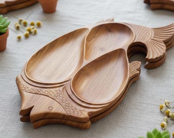 Handmade Wooden Fish Serving Tray | Divided Snack Platter, Rustic Kitchen Decor
