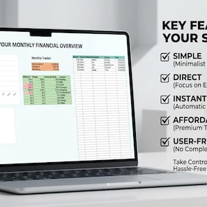 Könnte beinhalten: Ein Laptop zeigt eine Finanzübersicht mit Diagrammen und Datentabellen. Der Bildschirm zeigt "YOUR MONTHLY FINANCIAL OVERVIEW" und "KEY FEATURES FOR YOUR SUCCESS" mit Aufzählungspunkten: Simple, Direct, Instant View, Affordable und User-Friendly. Der Text ermutigt Benutzer, die Kontrolle über ihre Finanzen zu übernehmen.
