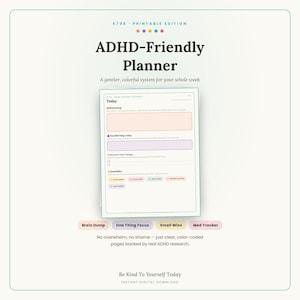 Puede incluir: Una página de planificador imprimible ADHD-Friendly con secciones para Brain Dump, The ONE Thing Today y Small Wins. El diseño utiliza cuadros codificados por colores en melocotón, morado y amarillo, con encabezados y casillas de verificación.