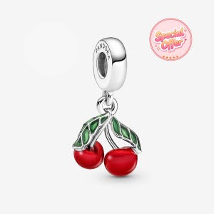 May include: A silver charm featuring two glossy red cherries with green enameled leaves, suspended from a polished silver bail engraved with the word Pandora. A circular pink badge in the upper right corner displays the text Special Offer.