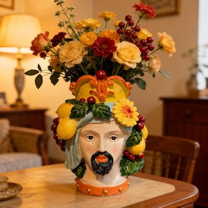 May include: A ceramic head-shaped vase featuring a bearded face with orange lips, adorned with sculpted yellow lemons, green leaves, red berries, and a yellow flower. The base is orange with gold studs, and it holds a bouquet of yellow and red flowers.