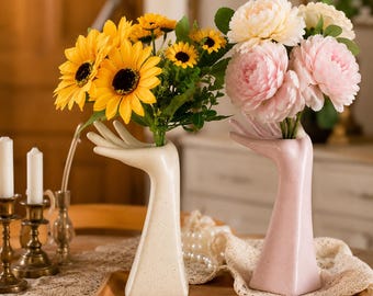 Hand Shaped Ceramic Vase, Nordic Pink Cream Flower Vase, Minimalist Boho Decor