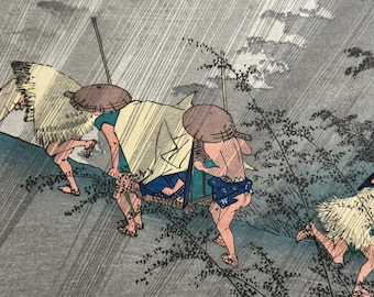 Grabado japonés en madera de Hiroshige Shono, "Driving Rain", reimpresión vintage Ukiyo-e, arte de pared Tokaido con paspartú.