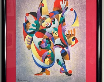 Anatole Krasnyansky Signed Framed Jester Print, Abstract Clown Wall Art, 1999