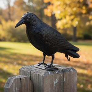 May include: A black crow figurine with detailed molded feather textures, a sharp beak, and a small hook attached to the tail area. The bird stands on a flat, rectangular base, showcasing a realistic avian form with a matte finish and defined eyes.