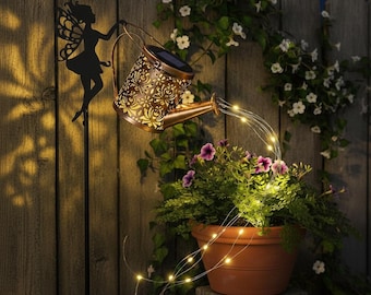 Solar Watering Can Fairy Lights, Metal Kettle Garden Decor, Waterfall Effect LED Lights