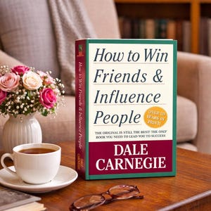 May include: A hardcover book titled "How to Win Friends & Influence People" by Dale Carnegie, with a green and burgundy cover, sits on a wooden table. A cup of coffee, a vase of flowers, and eyeglasses are also on the table.