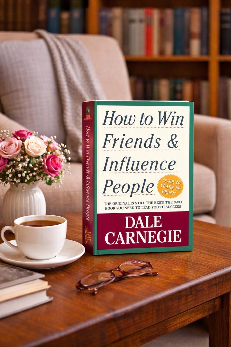 May include: A hardcover book titled "How to Win Friends & Influence People" by Dale Carnegie, with a green and burgundy cover, sits on a wooden table. A cup of coffee, a vase of flowers, and eyeglasses are also on the table.