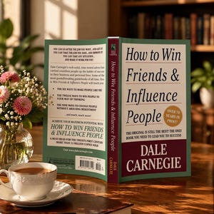 May include: An open book titled "How to Win Friends & Influence People" by Dale Carnegie, with a cup of coffee and a vase of flowers on a wooden table. The book's cover is green and burgundy.