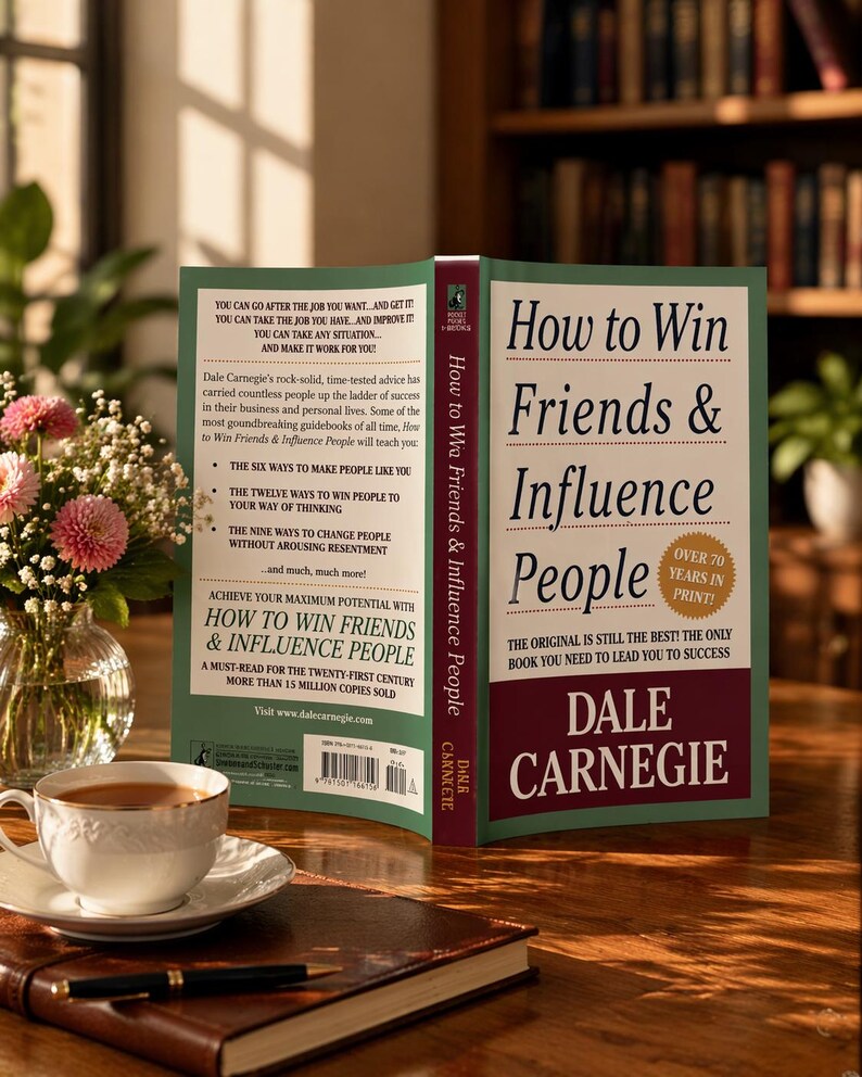 May include: An open book titled "How to Win Friends & Influence People" by Dale Carnegie, with a cup of coffee and a vase of flowers on a wooden table. The book's cover is green and burgundy.