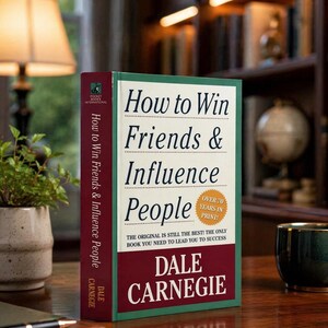 May include: A hardcover book titled "How to Win Friends & Influence People" by Dale Carnegie. The book has a white, green, and burgundy cover with text. The book is on a wooden surface with a lamp and a plant in the background.
