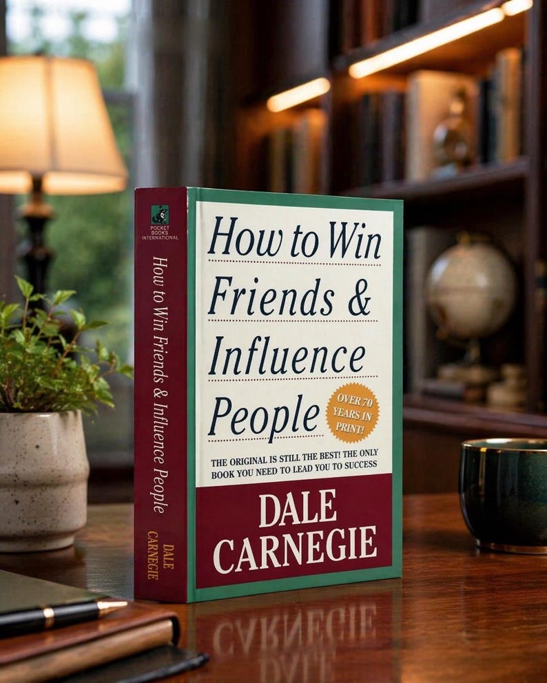 May include: A hardcover book titled "How to Win Friends & Influence People" by Dale Carnegie. The book has a white, green, and burgundy cover with text. The book is on a wooden surface with a lamp and a plant in the background.