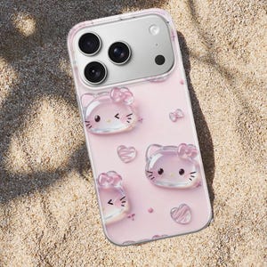 May include: A clear smartphone case featuring a light pink background with raised, translucent 3D-style cat faces, small bows, and heart shapes. The case has a cutout for a triple-lens camera system and is designed to fit a modern mobile device.