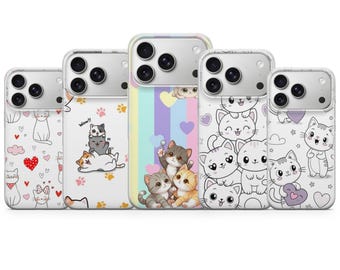 Kawaii Cat iPhone Case, Pastel Cartoon Kitty Cover, Soft TPU Gel, Matte UV Print