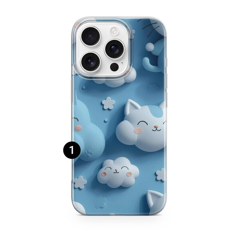 May include: A clear smartphone case featuring a light blue background with a repeating pattern of 3D-style white and light blue cat-shaped clouds, small white flowers, and a black number one icon on the left side of the phone case surface.