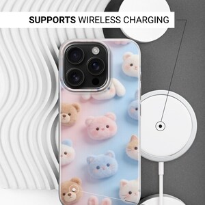May include: A clear smartphone case featuring a repeating pattern of small, fuzzy, pastel-colored bear and cat faces against a soft pink and blue gradient background. The case includes text stating SUPPORTS WIRELESS CHARGING and SIDES ARE NOT PRINTED.