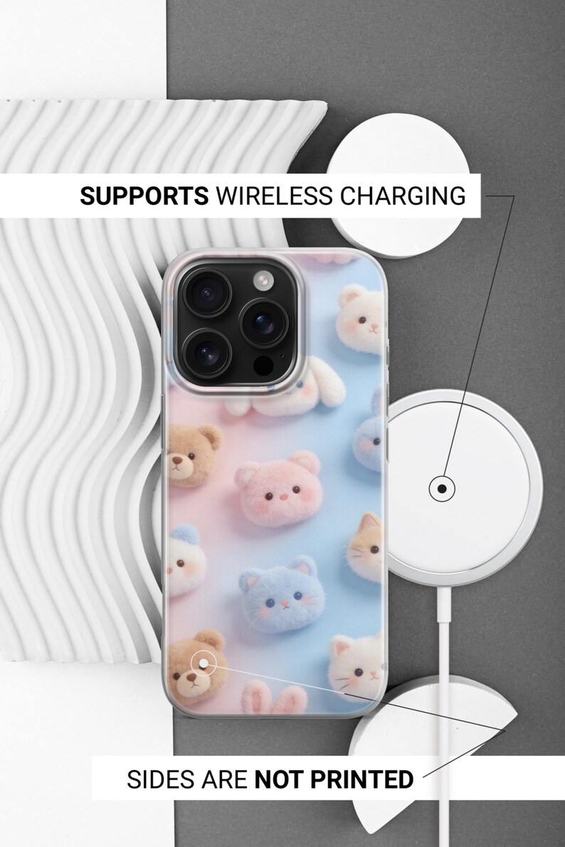 May include: A clear smartphone case featuring a repeating pattern of small, fuzzy, pastel-colored bear and cat faces against a soft pink and blue gradient background. The case includes text stating SUPPORTS WIRELESS CHARGING and SIDES ARE NOT PRINTED.