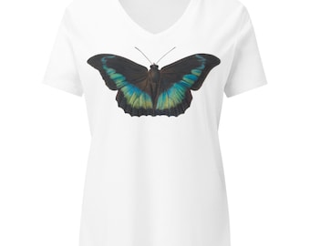 T-shirt da donna a maniche corte con scollo a V, fantasia farfalla blu/nera.