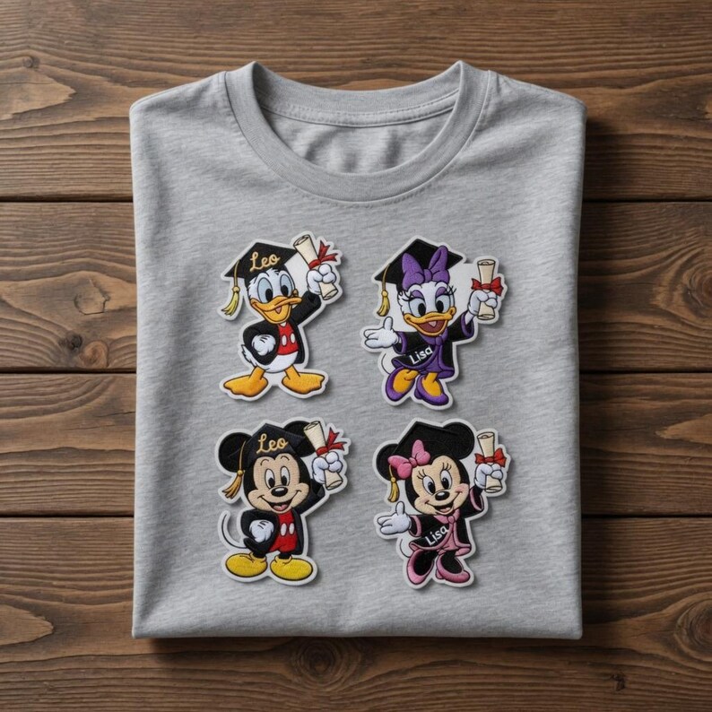 Puede incluir: Una camiseta gris con cuatro personajes de dibujos animados con atuendo de graduaci&oacute;n. Donald Duck, Daisy Duck, Mickey Mouse y Minnie Mouse se representan con gorras de graduaci&oacute;n y diplomas. Los nombres "Leo" y "Lisa" tambi&eacute;n son visibles.